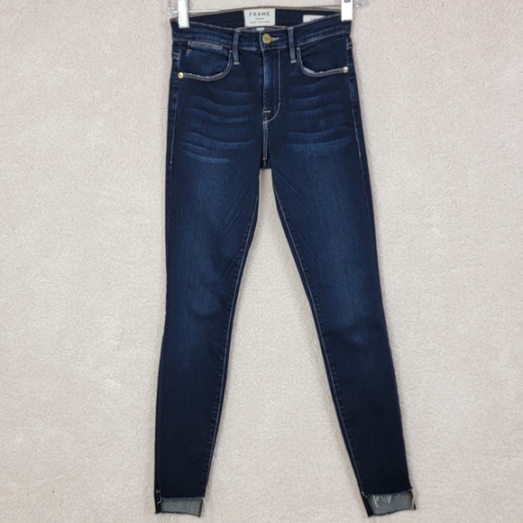 Frame Le High Mid Rise Cabana Dark Wash Stagger Hem Skinny Straight Jeans Sz 25 - Picture 2 of 14
